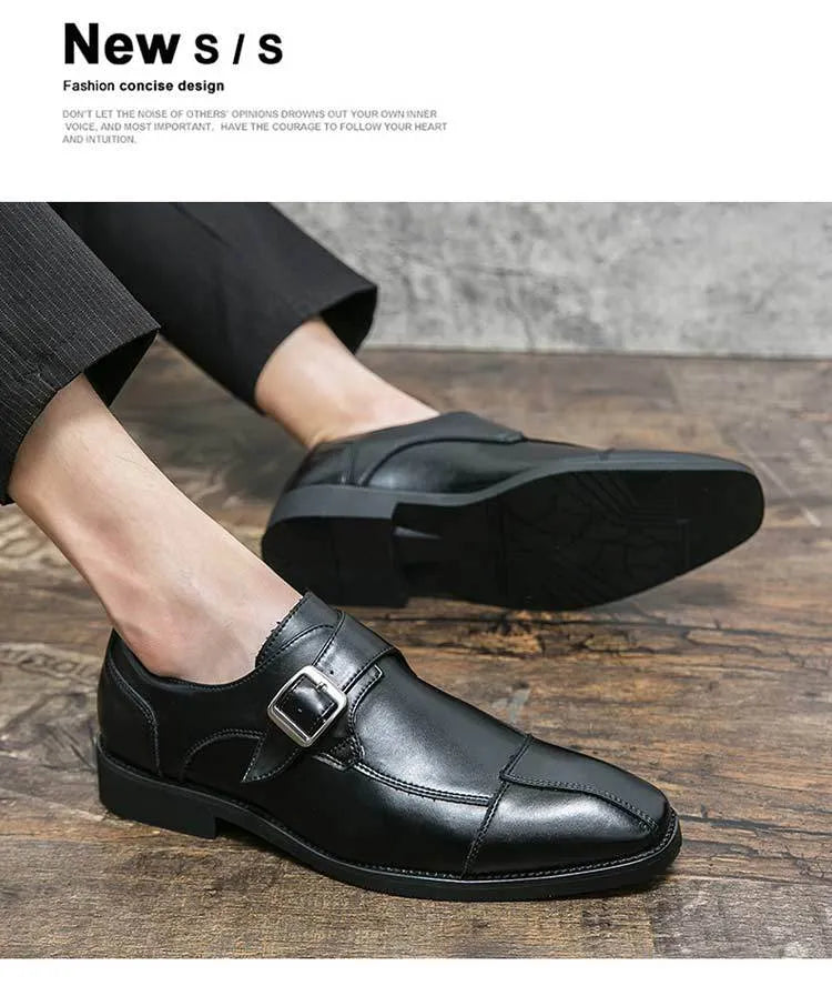 Men's brown blue retro buckle casual leather shoes with tall crown upper and breathable microfiber construction
