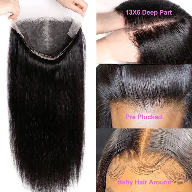 Black straight human hair lace front wig with a 13x6 inch frontal on a mannequin head.