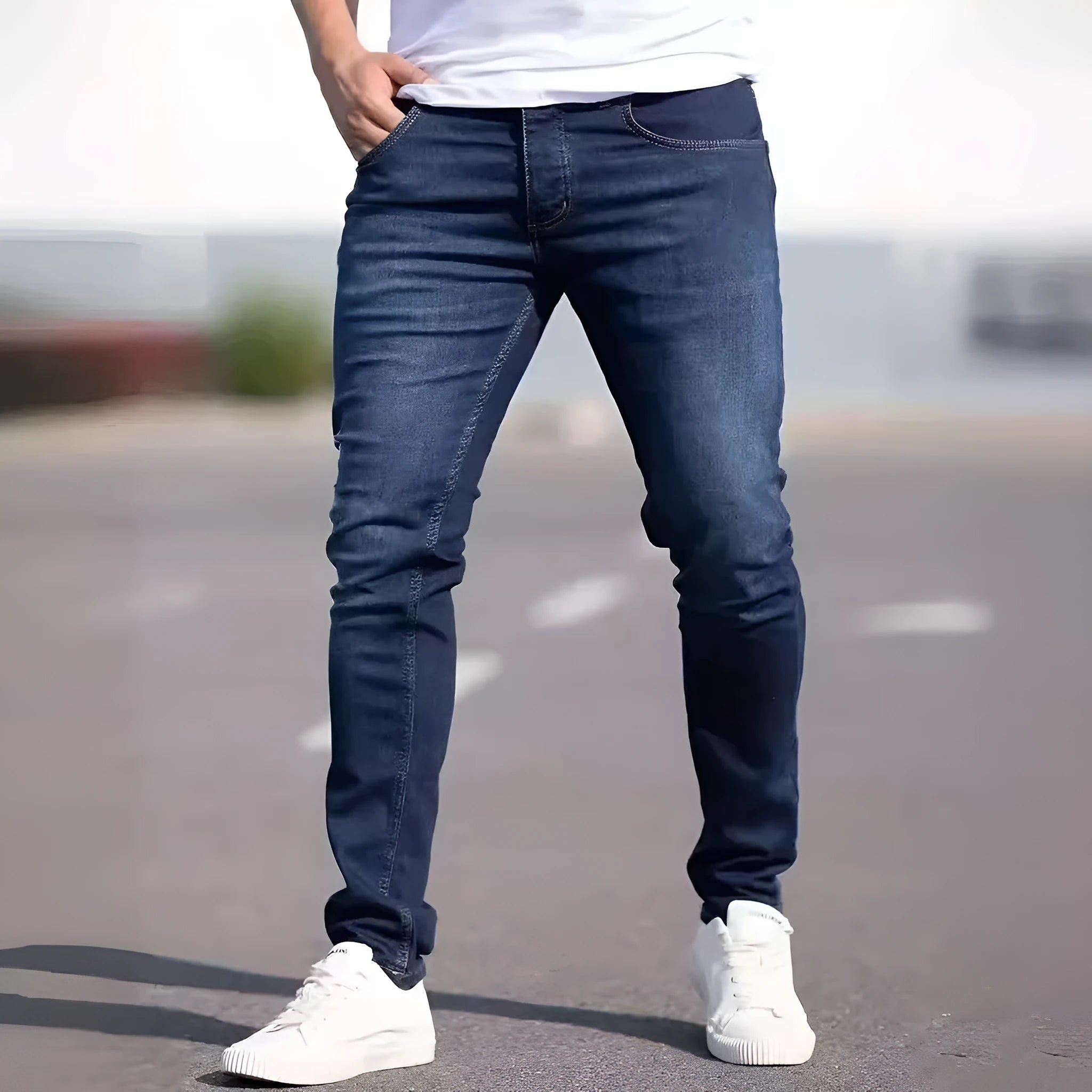 Men's dark blue slim casual jeans with skinny leg style and mid-waist cut