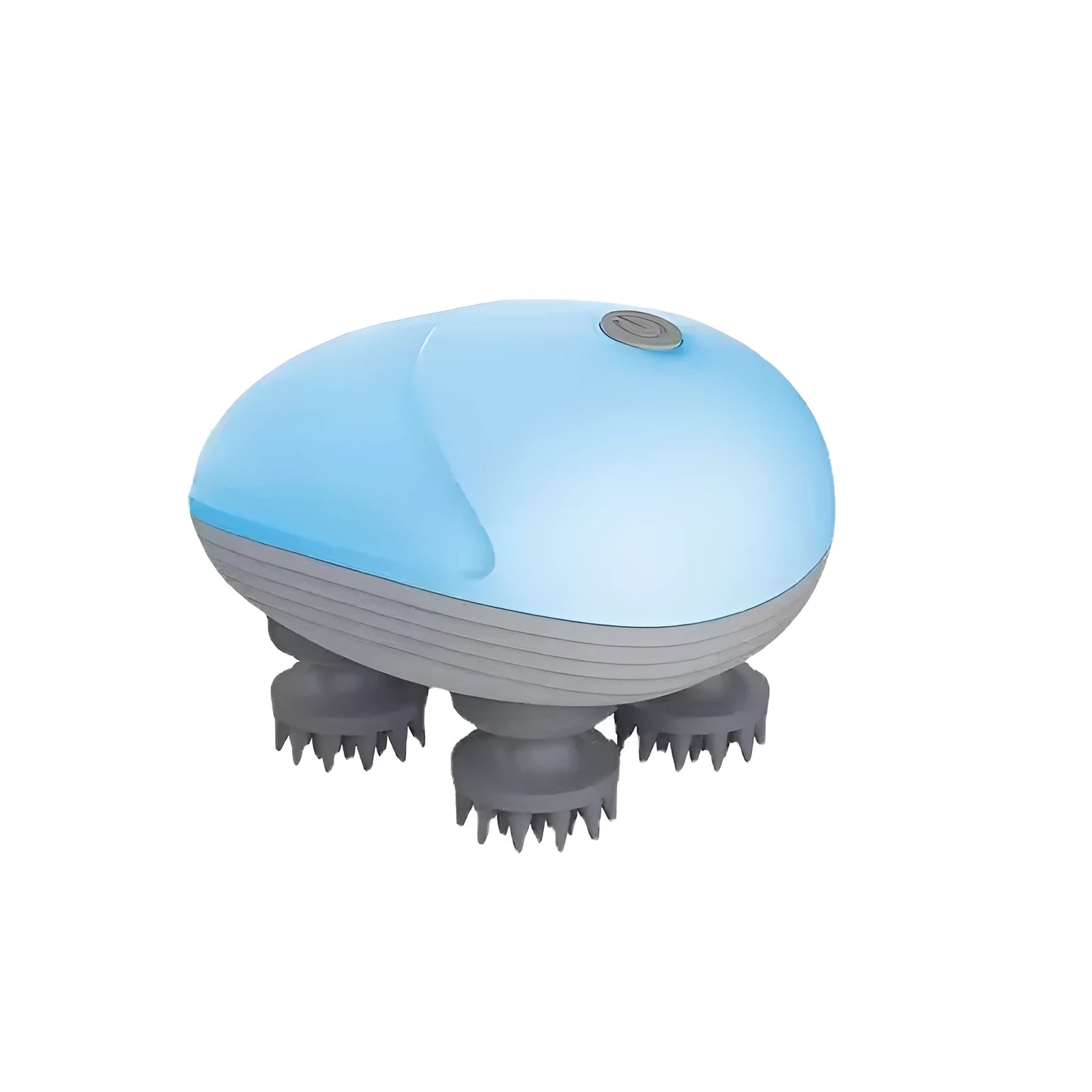 Blue handheld electric pet massager with four rotating heads for cats and dogs on a grey background.