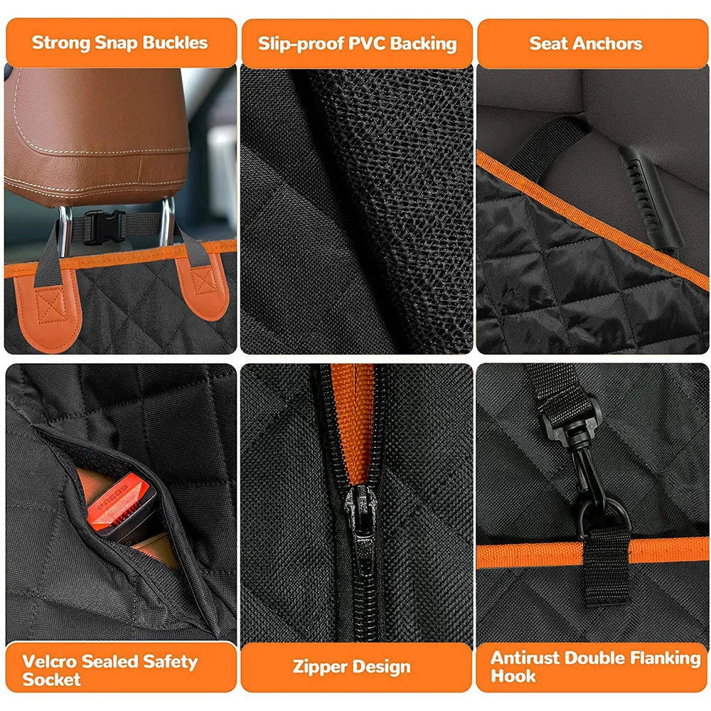 Black dog car seat cover with orange trim, shown fitted as a hammock in a vehicle rear seat.