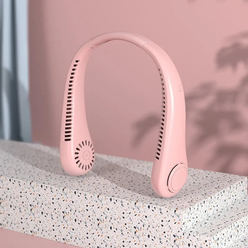 Blue USB rechargeable bladeless neck fan being worn, showing its lightweight design and flexible neckband.