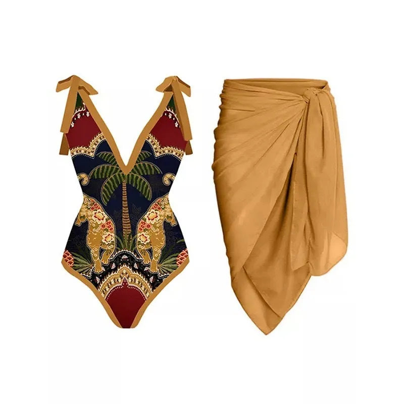 Women's solid colour one-piece swimsuit with spaghetti straps and matching skirt set