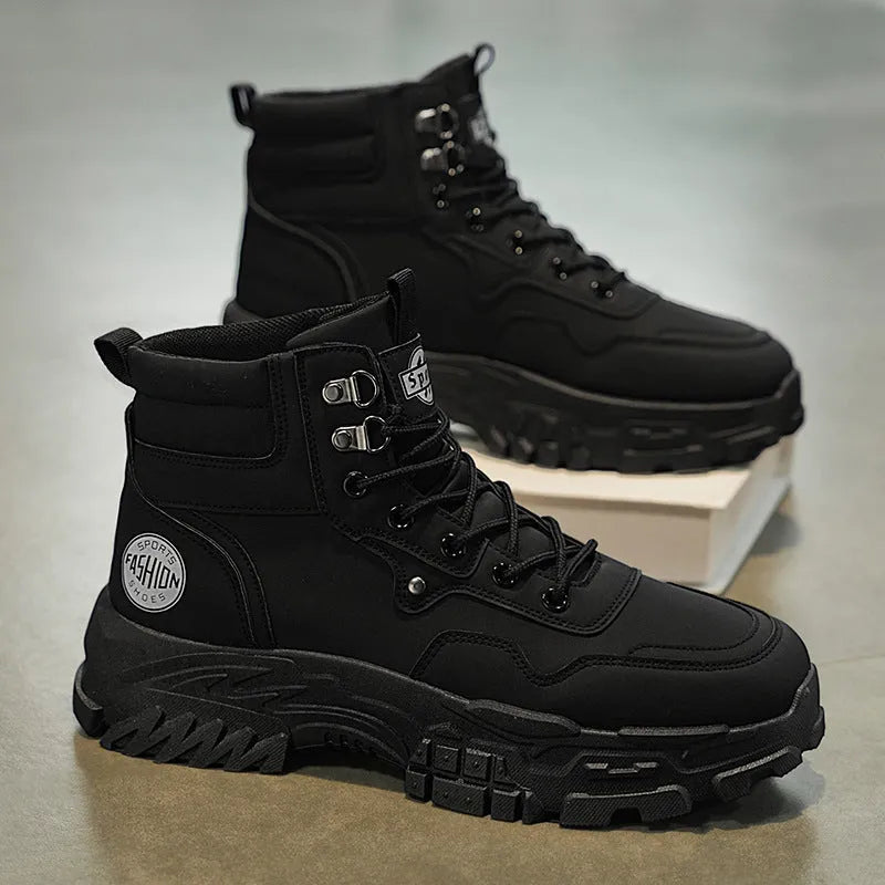Men's black and yellow artificial PU Martin boots with a mid-height heel and injection moulded sole.