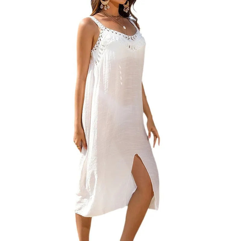 White women's beach dress with hollow crochet weaving and adjustable suspender straps