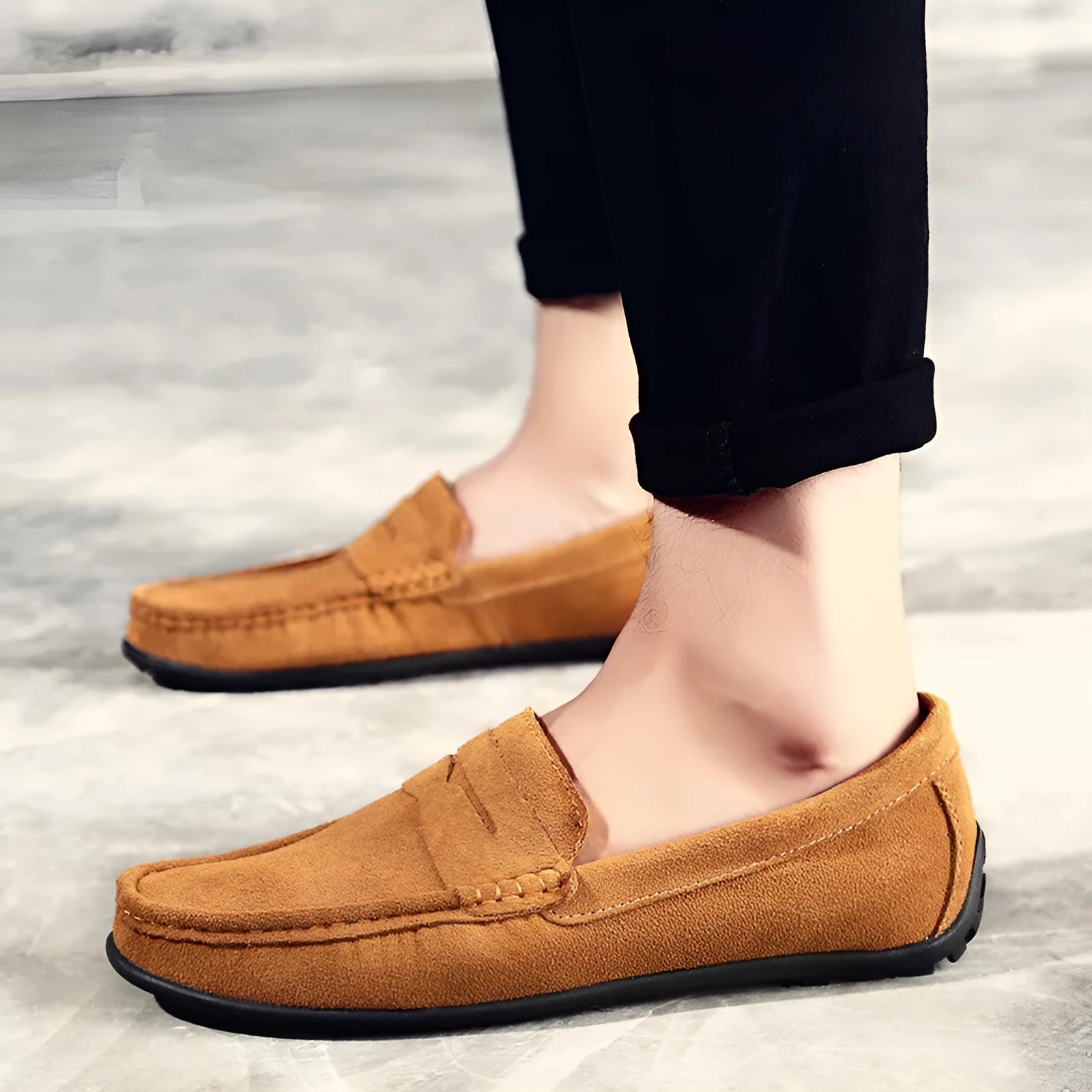 Men's brown suede leather casual shoes with round toe and flat rubber sole on a white background