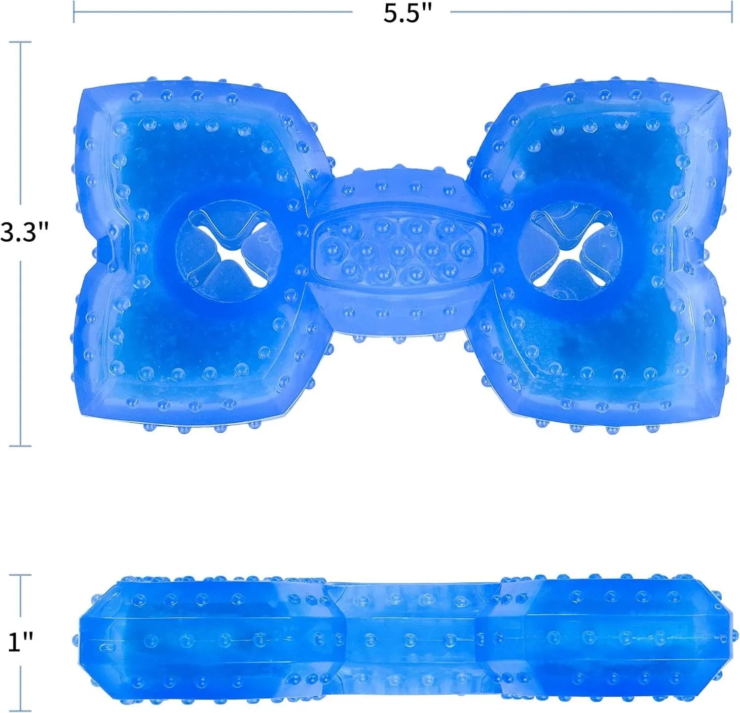 Freezable blue dog chew toy for teething puppies and cooling relief.