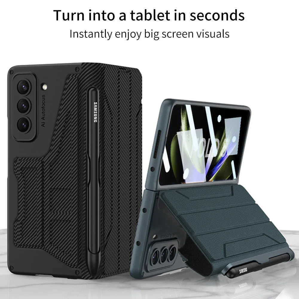 Samsung Galaxy Z Fold5 flip leather cover with pen slot, carbon fiber pattern, PC back anti-fall case on white background