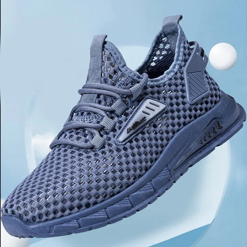 Men's beige synthetic leather and mesh sneaker with white EVA sole and lace-up front.