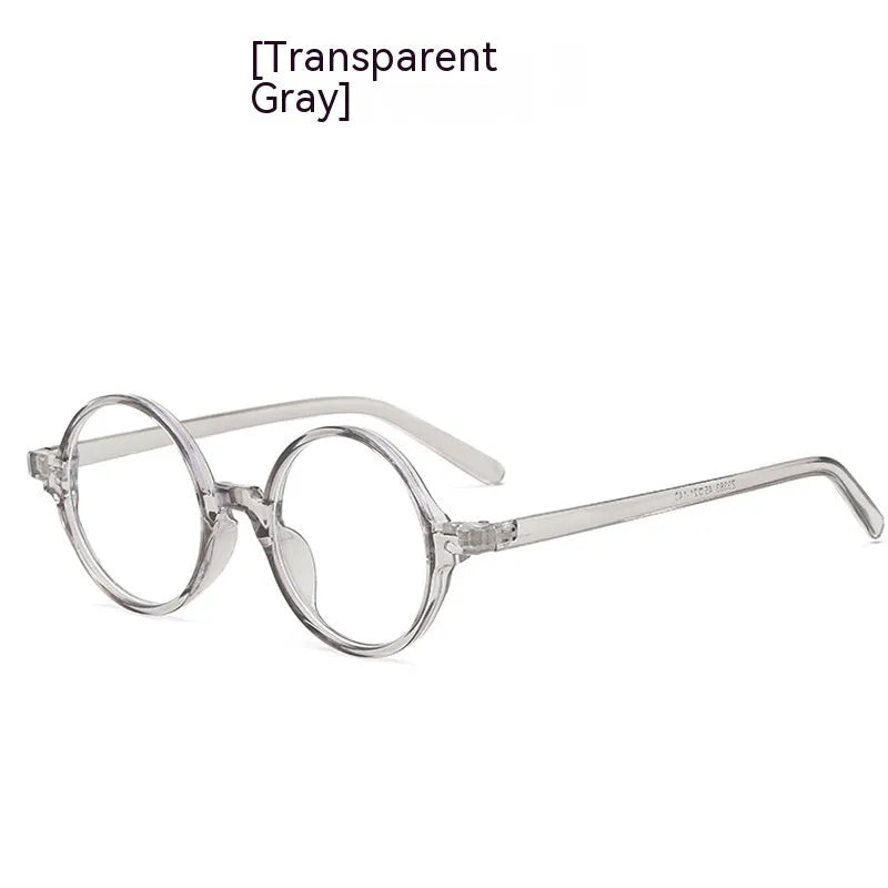 Artistic retro round fashion glasses with a PC frame shown in bright black, sand black, tofu pudding, and transparent grey colours.