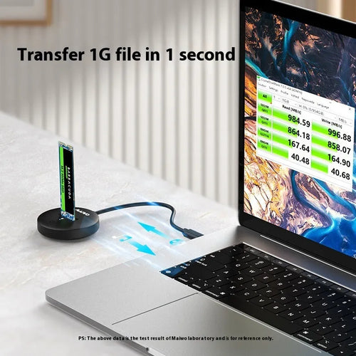 Black external hard disk enclosure for NVME SSDs with Type-C port and fixed design