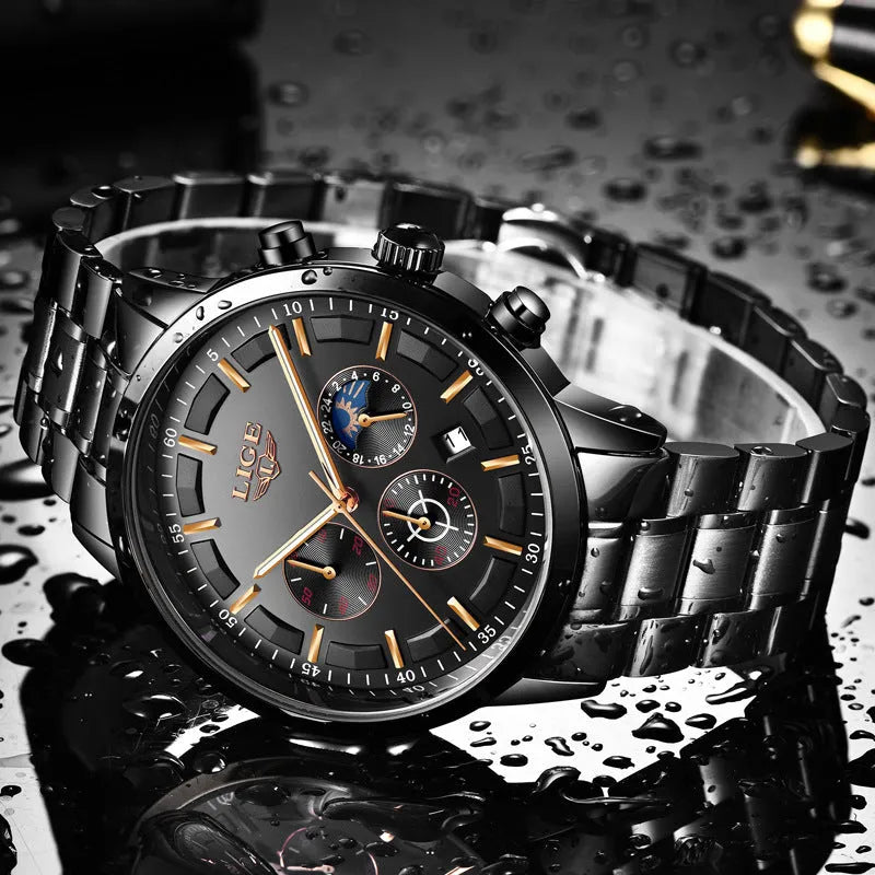 Men's black and rose gold waterproof quartz sports watch on wrist