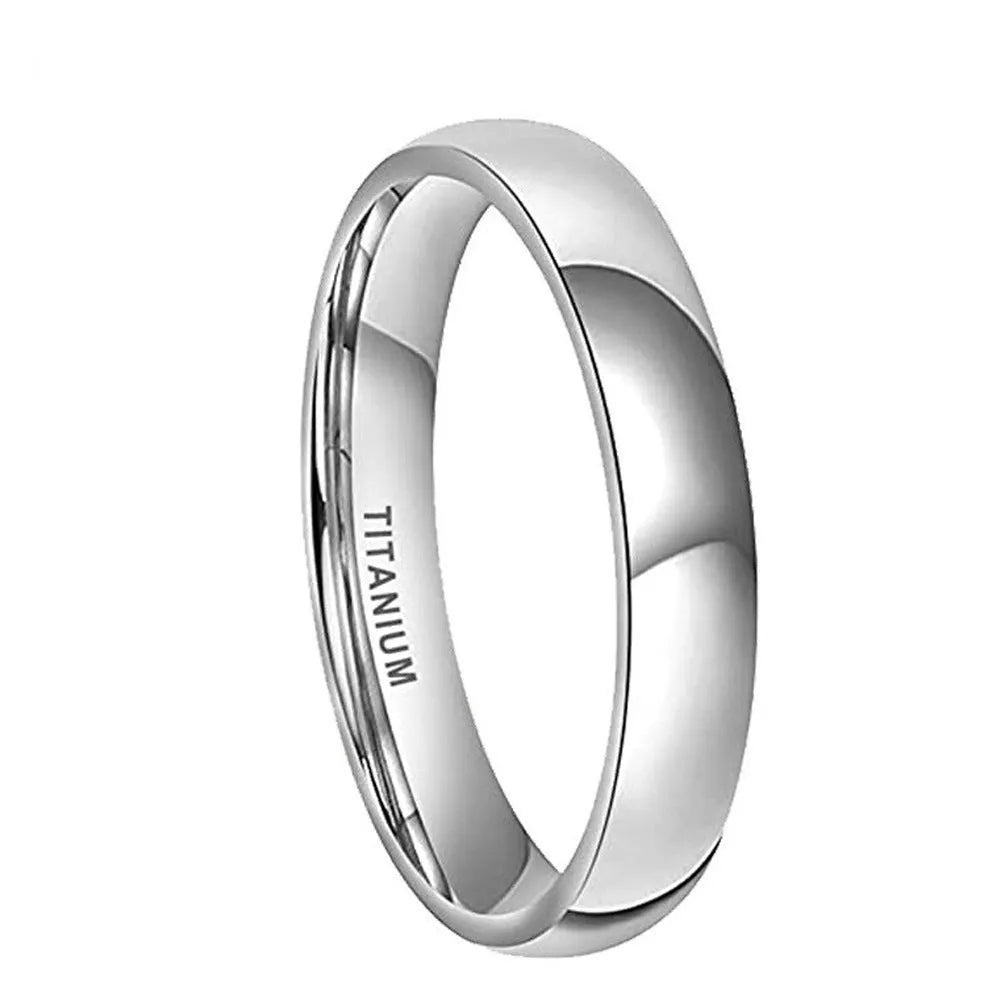 Silver titanium steel band ring shown in three widths: slim 2mm, standard 4mm, and wide 6mm on a plain background.