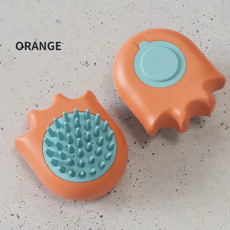 Blue pet bath brush with shampoo reservoir measuring 9cm long with four massage nodes