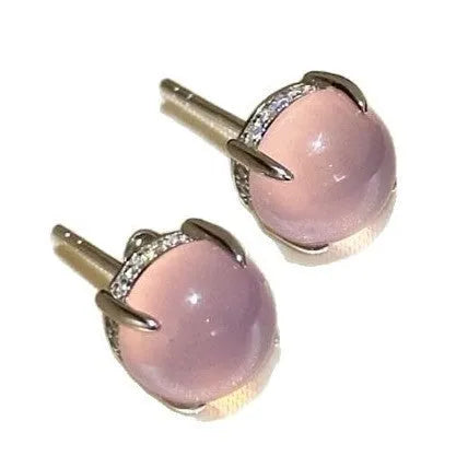 Chinese style geometric chalcedony stud earrings with four-claw setting in copper