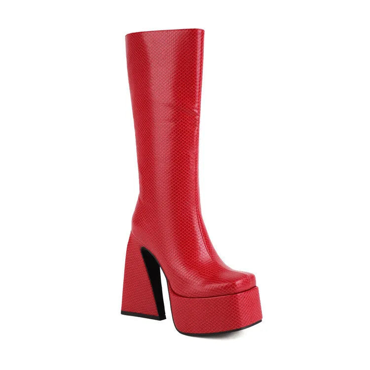 Women's casual high boots in artificial PU leather available in black, red, blue, and white colours