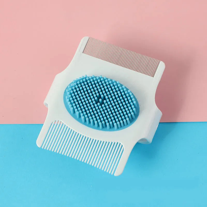 Multifunctional pet comb in blue or green for dog hair removal and massage, measuring 8.5cm x 7.5cm