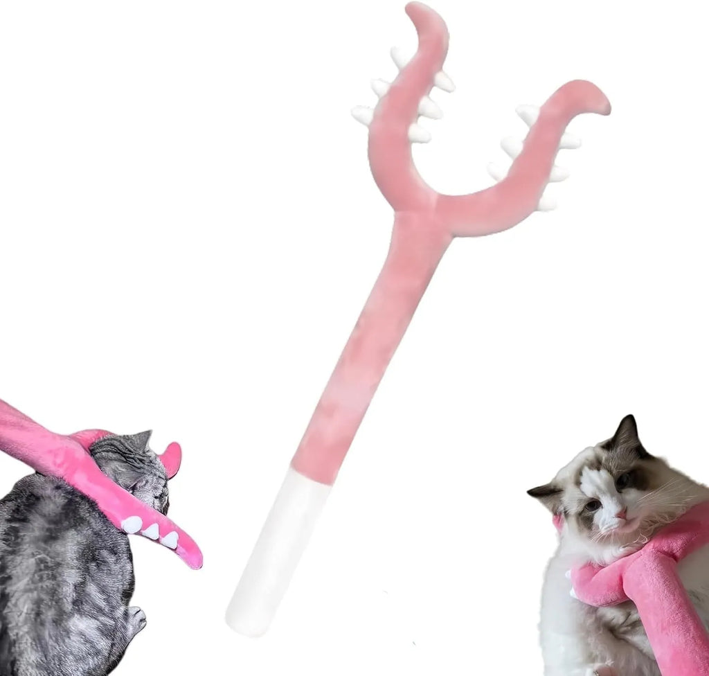 Blue or pink plush cat wand toy measuring 70cm long for interactive pet play