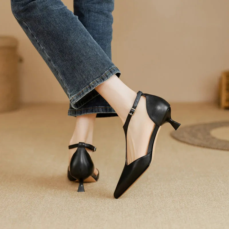 Women's brown cowhide leather pointed toe vintage high heels UK size 37