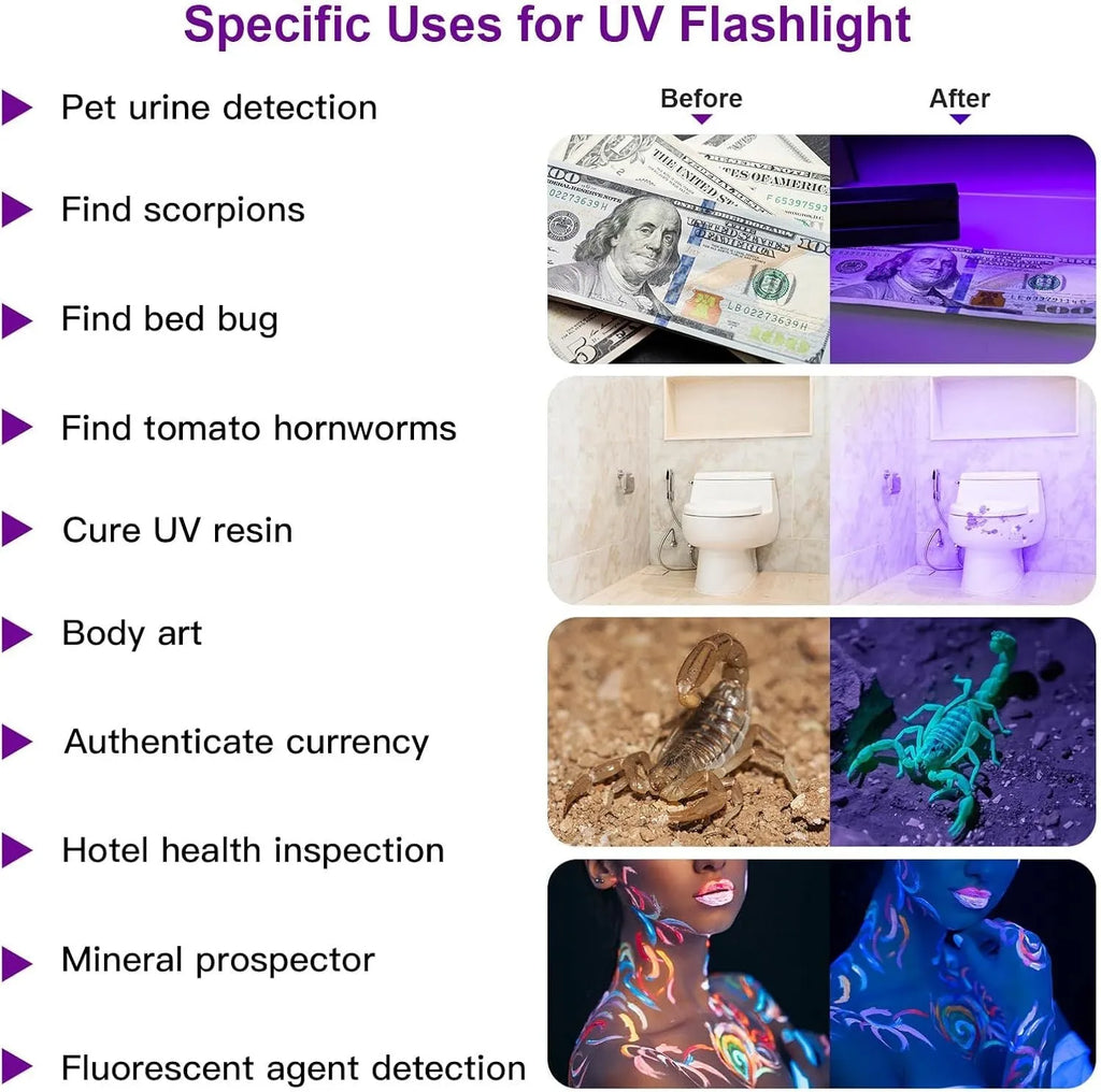 Black handheld UV flashlight torch with aluminium body for detecting pet urine stains and insects.