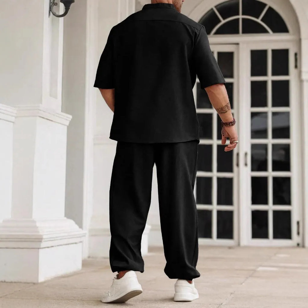 Men's apricot cotton linen casual short sleeve shirt and long trousers set on a hanger