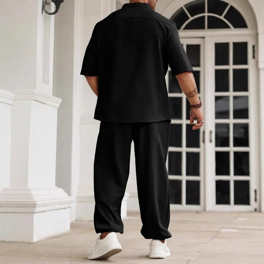 Men's apricot cotton linen casual short sleeve shirt and long trousers set on a hanger
