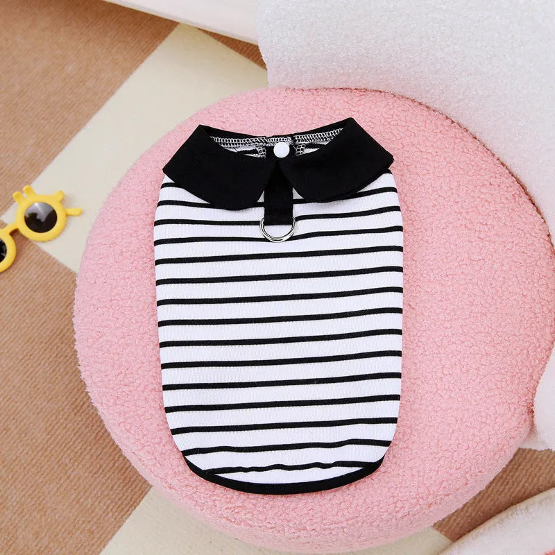 Pet dog wearing pink stripes cotton T-shirt and skirt summer outfit set