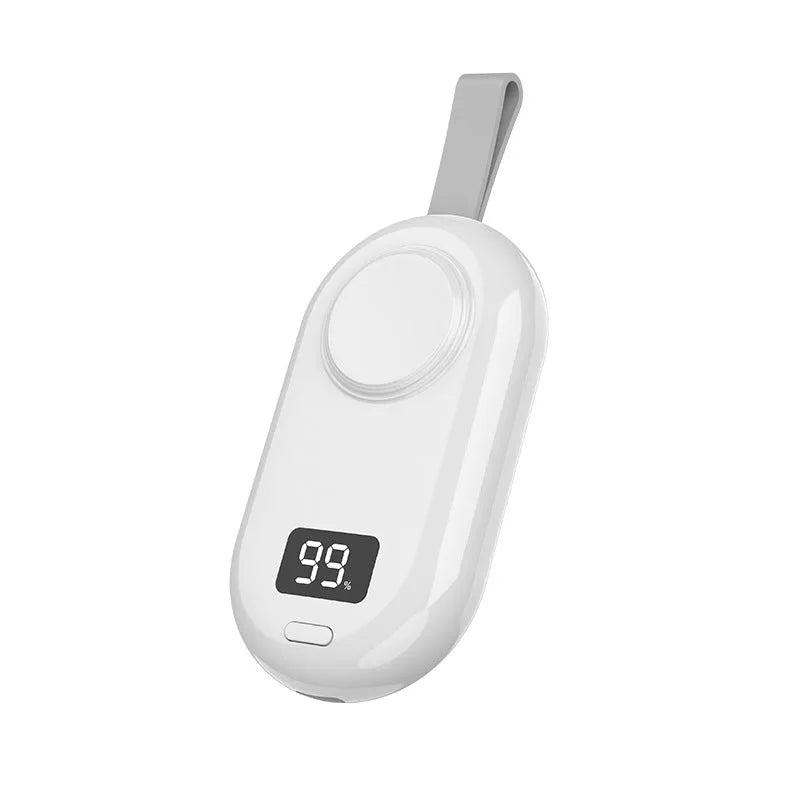 White V5 watch wireless power bank with Type-C port next to included USB cable