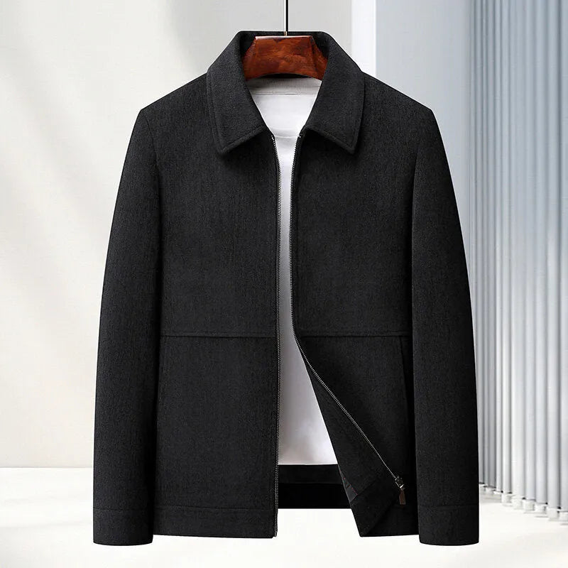 Men's slim fit lapel casual jacket in Vinylon fabric, shown in black, brown, caramel, or dark blue.