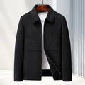 Men's slim fit lapel casual jacket in Vinylon fabric, shown in black, brown, caramel, or dark blue.