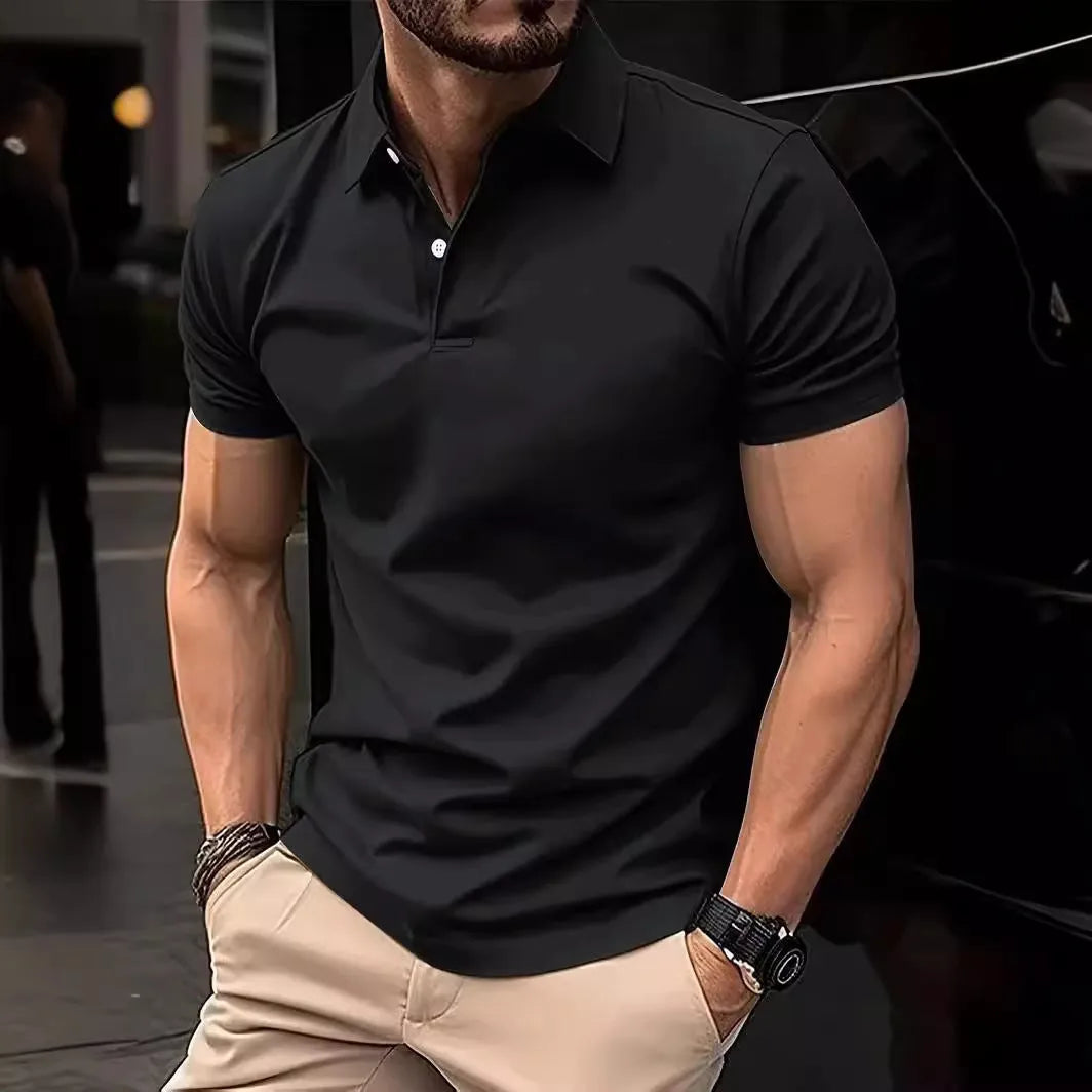 Men's slim fit short sleeve button shirt in solid colour on hanger