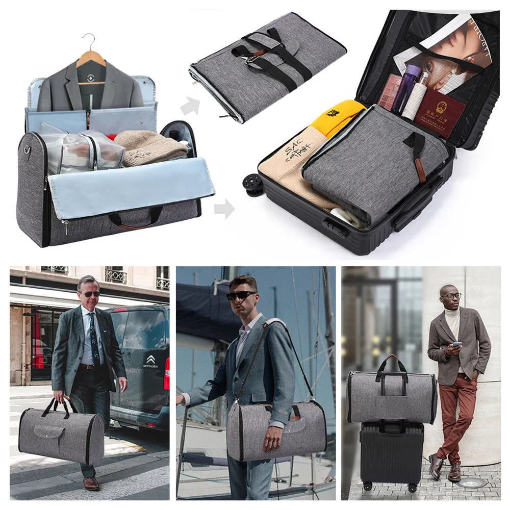 Folding duffel bag in Oxford cloth, shown in dark blue, with a 36-55 litre capacity for travel and gym use.