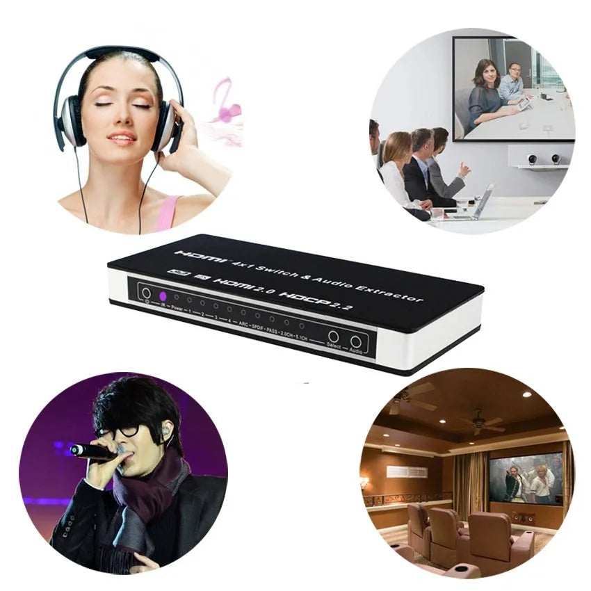 Black HDMI 4x1 switch with remote control for home theatre video switching