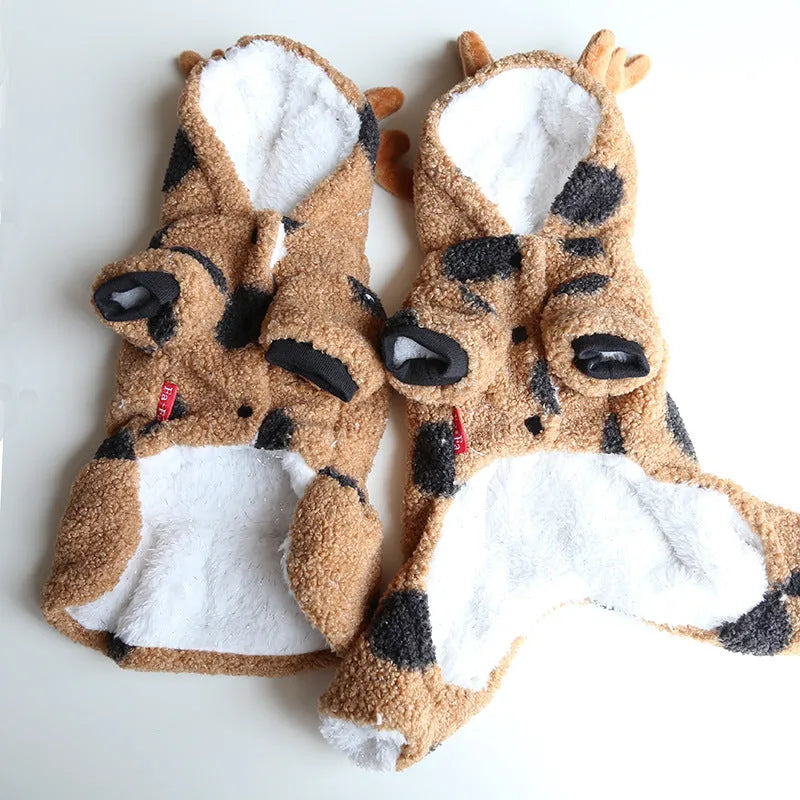 Polka dot elk couple pattern pet costume shown in skirt and four-leg styles for cats and dogs