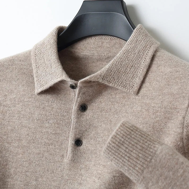 Men's grey wool pullover sweater with a polo collar and long sleeves, showing textured collage stitching.