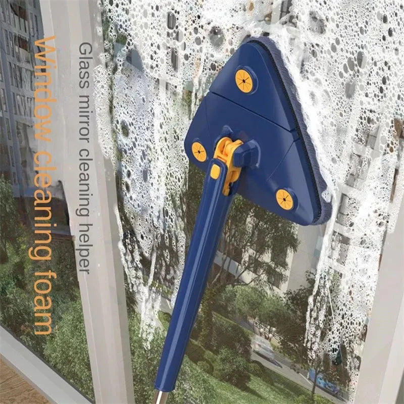 Blue triangle cleaning mop with extendable stainless steel pole and 360-degree rotating head