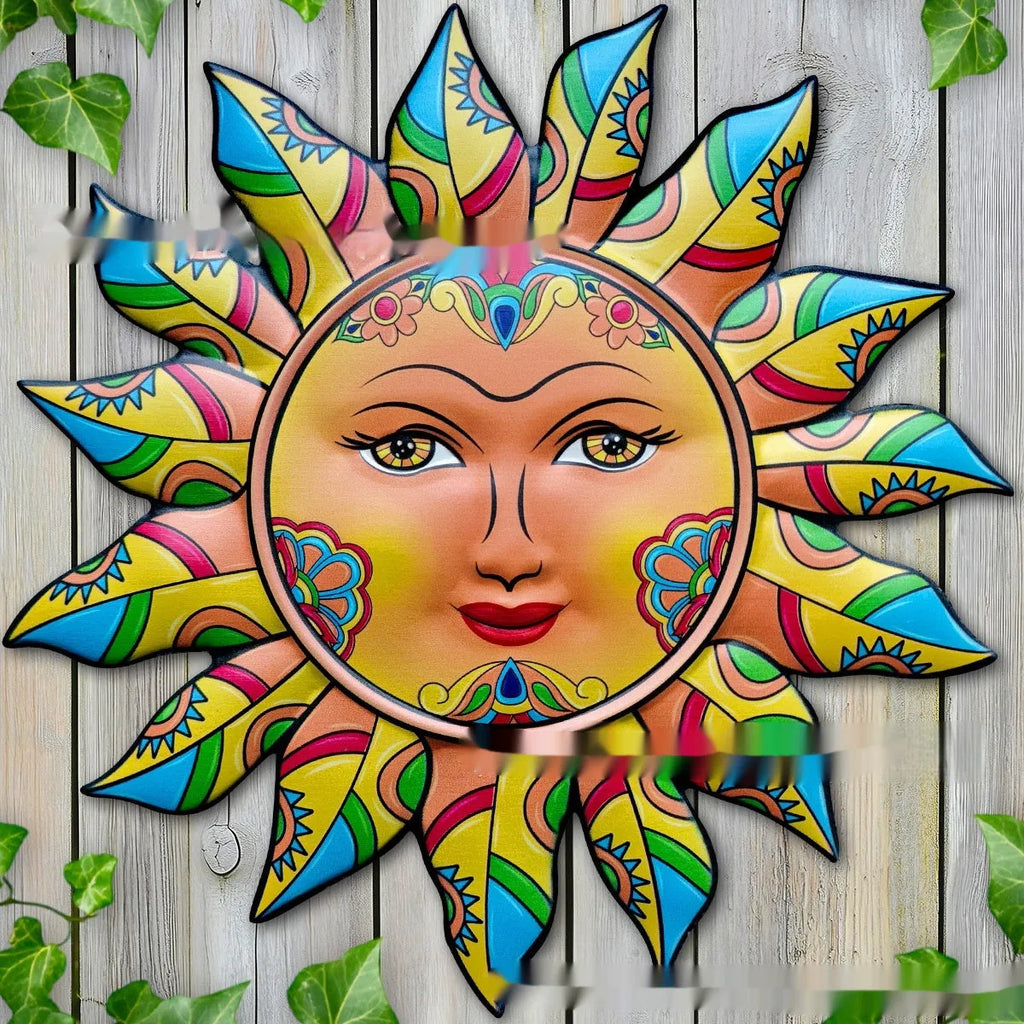 Iron sun face decorative wall hanging with detailed metal patterning in garden theme