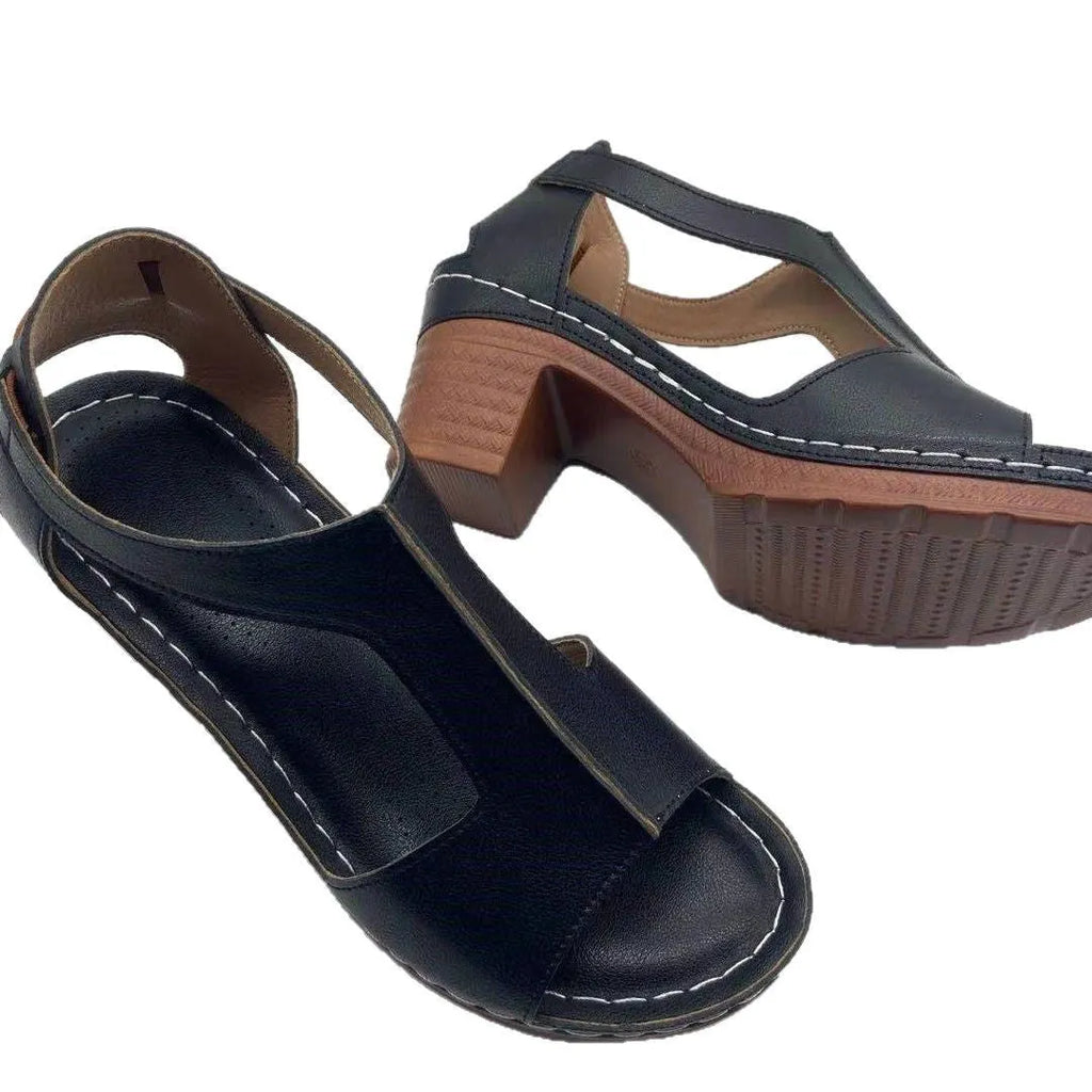 Plus size women's wedge sandals with peep toe, Roman buckle detail, and fish mouth design