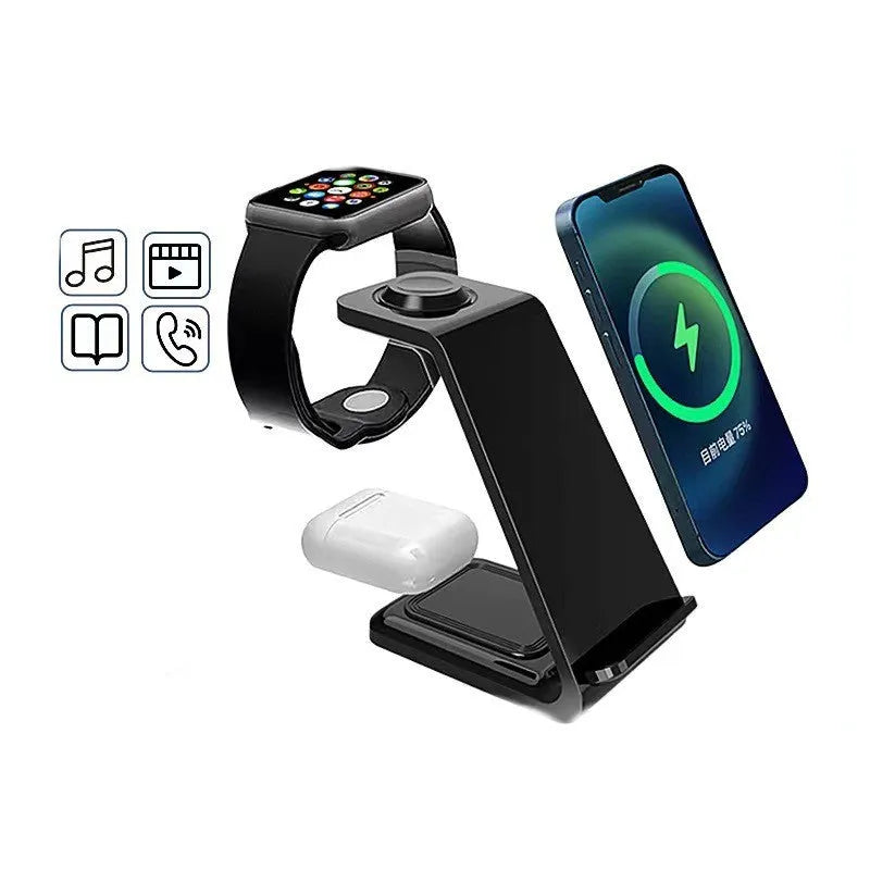 Black upright wireless phone charger with holder displaying mobile phone at angle for charging and viewing