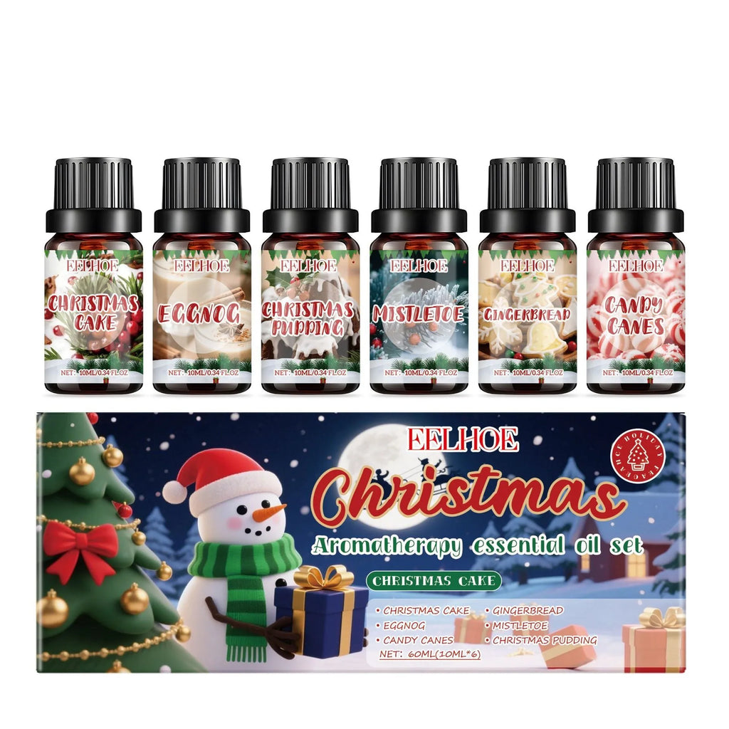 Christmas aromatherapy oil suite showing six 10ml bottles for home fragrance and air freshening
