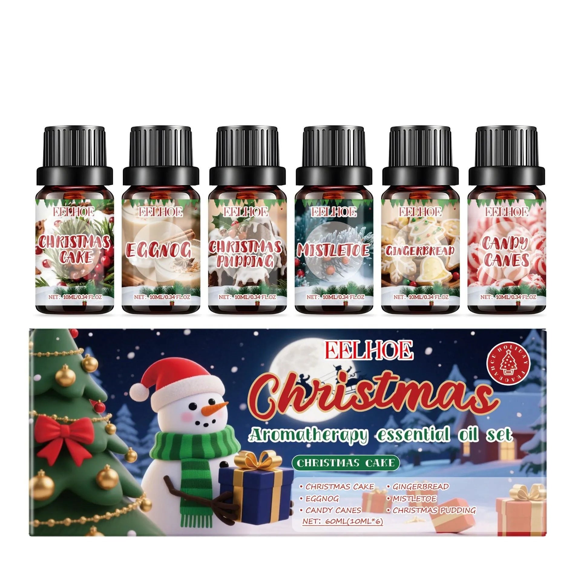Christmas aromatherapy oil suite showing six 10ml bottles for home fragrance and air freshening