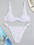 Floral yellow bikini swimsuit with high-waist briefs on white background, women's nylon quick-dry swimwear