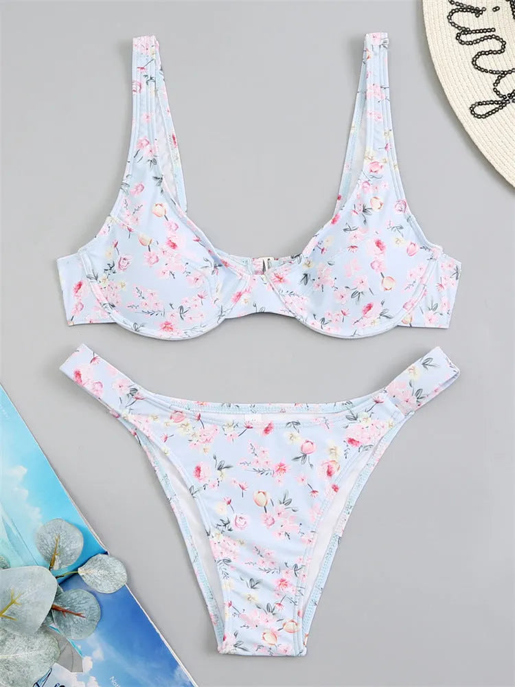 Floral yellow bikini swimsuit with high-waist briefs on white background, women's nylon quick-dry swimwear