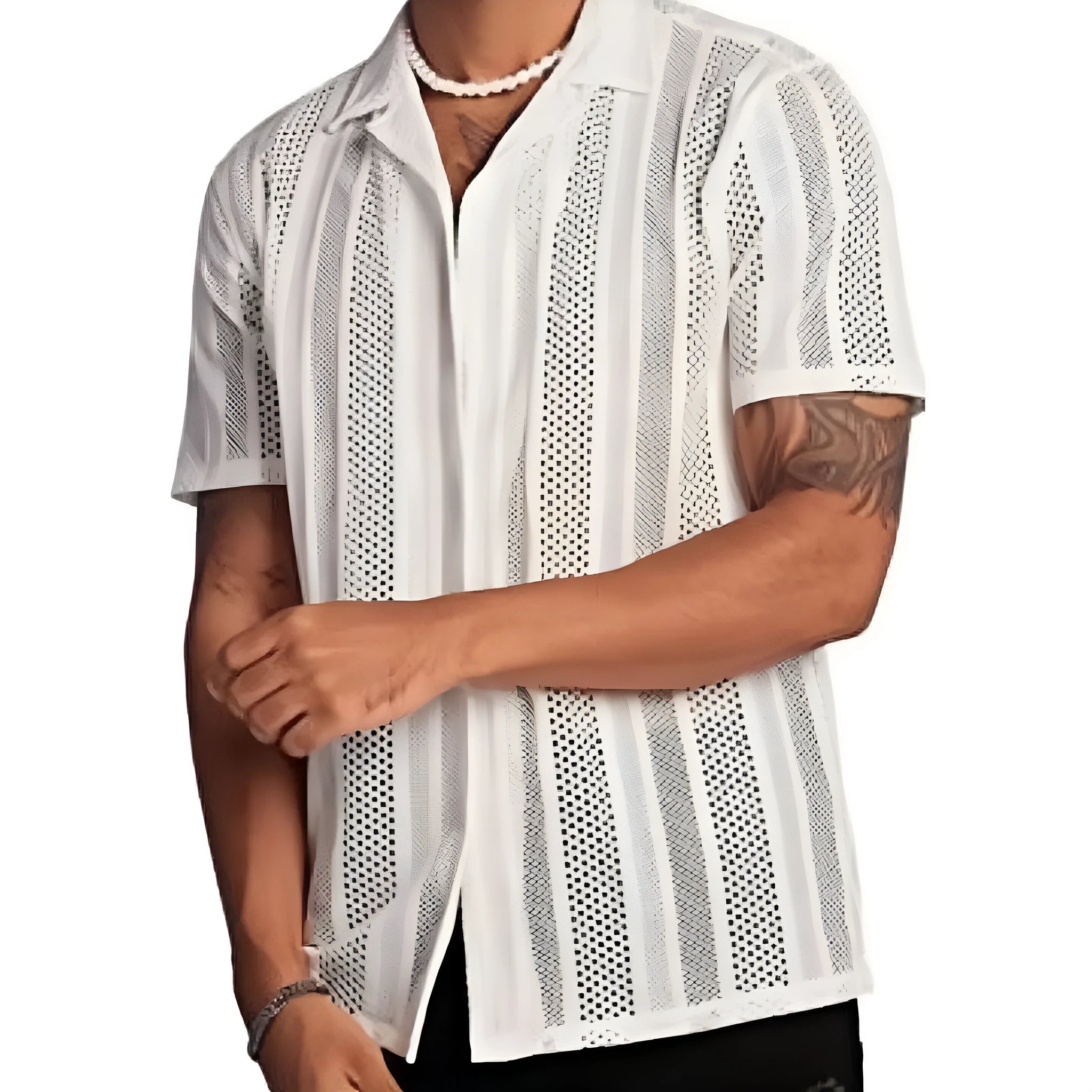 Men's black knitted short-sleeved button shirt with jacquard texture and regular fit