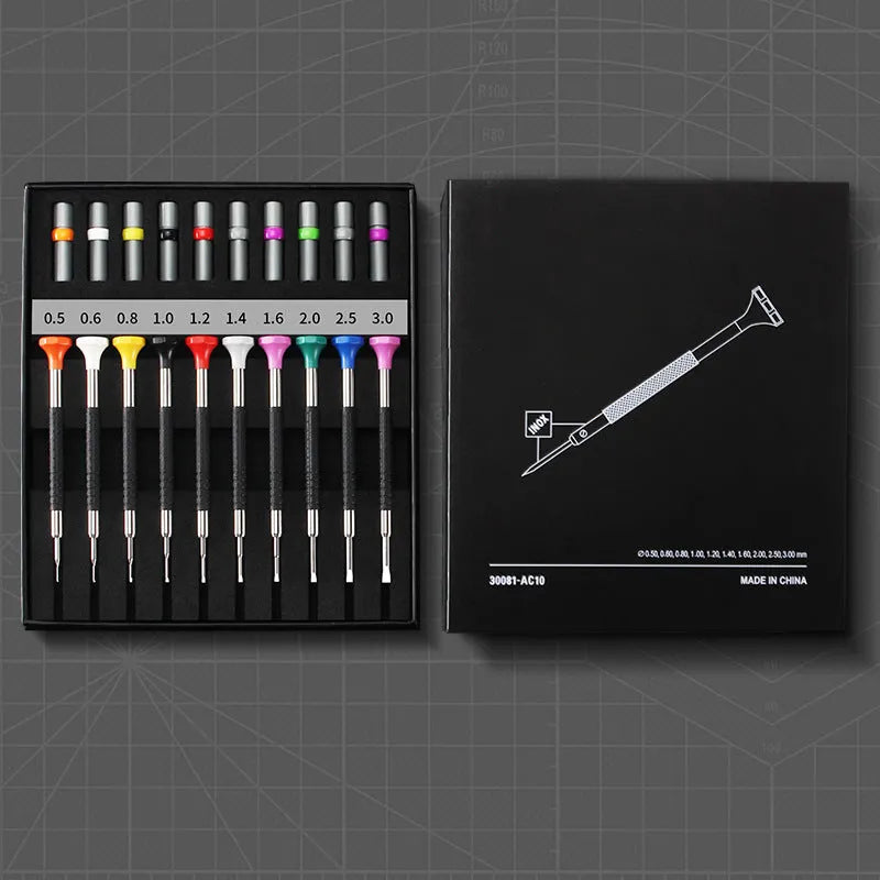 Ten-piece manual screwdriver repair set with twenty spare bits for watch and glasses maintenance