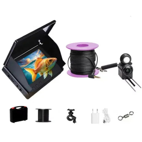 Underwater fish finder camera with 4.3-inch screen, showing a choice of 15, 20 or 30 metre cable options.