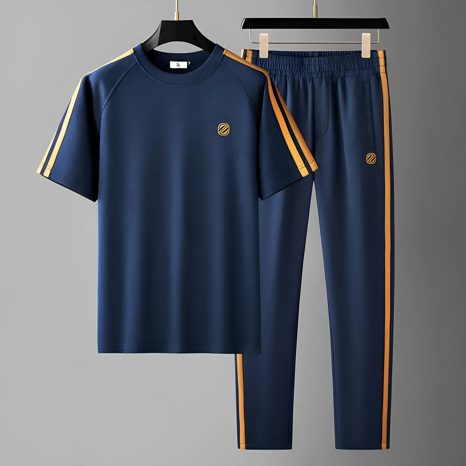 Men's ice silk style short sleeve sports suit in blue apricot black breathable polyester set