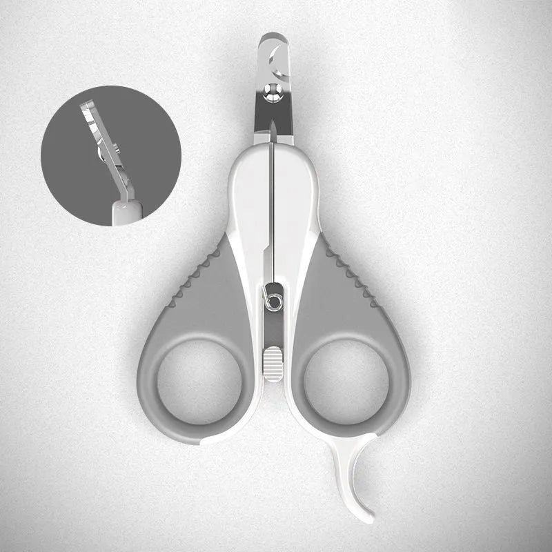 Grey and pink cat nail clippers with angled stainless steel blade and safety guard on a non-slip handle.