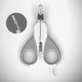 Grey and pink cat nail clippers with angled stainless steel blade and safety guard on a non-slip handle.