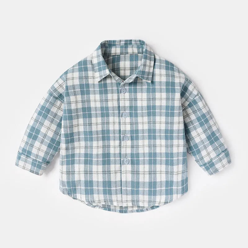 Boy's light blue cotton shirt with an animal print and lattice pattern, long sleeves.